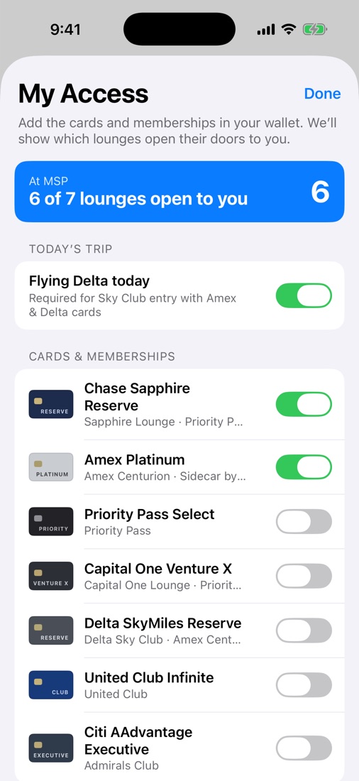 My Access screen showing 6 of 7 lounges open at MSP with Chase Sapphire Reserve and Amex Platinum turned on