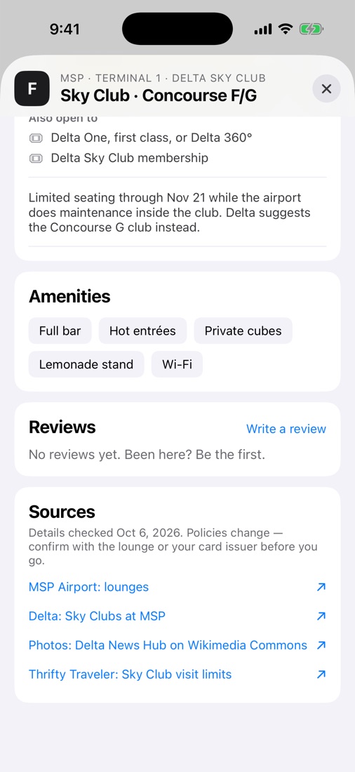 Bottom of a lounge page showing amenities, reviews and the sources list