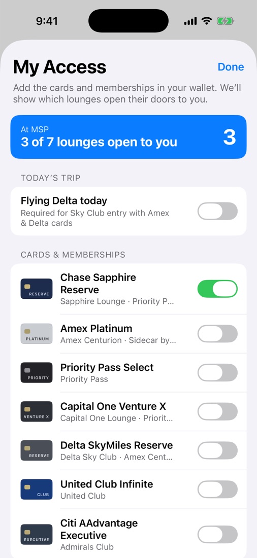 My Access: 3 of 7 MSP lounges open with Chase Sapphire Reserve turned on