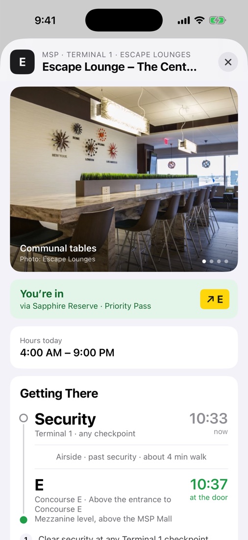 Escape Lounge at MSP: you're in via Sapphire Reserve and Priority Pass, open until 9 PM, with walking directions from security