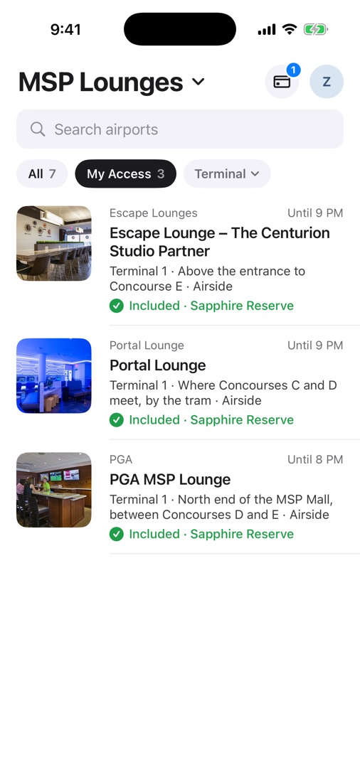 MSP Lounges filtered to My Access: Escape Lounge, Portal Lounge and PGA MSP Lounge, all included with Chase Sapphire Reserve
